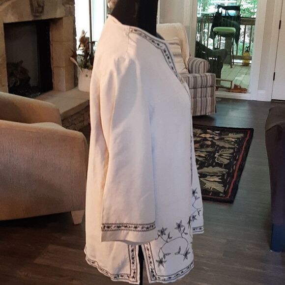 Dressbarn Silk/Linen Tan with Black Embroidery Button Down - Picture 2 of 7